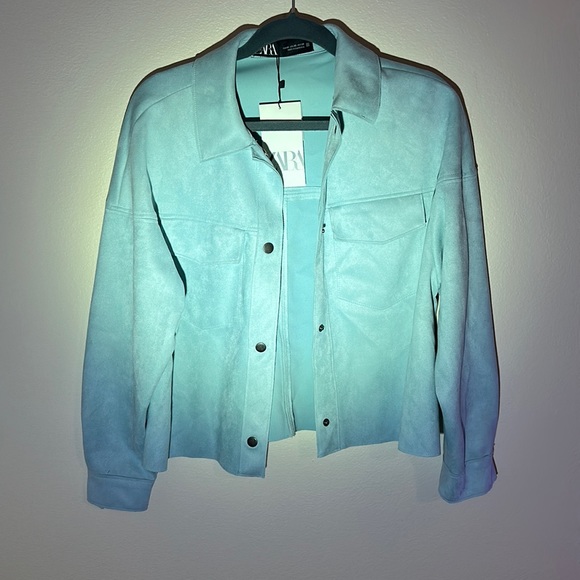 Zara Jackets & Blazers - NWT. Woman’s faux suede button down jacket. In a baby blue. Size XS.